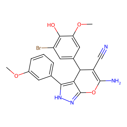 6-amino-4-(3-bromo-4-hydroxy-5-methoxyphenyl)-3-(3-methoxyphenyl)-2,4-dihydropyrano[2,3-c]pyrazole-5-carbonitrile structure