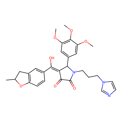 (4E)-4-[hydroxy-(2-methyl-2,3-dihydro-1-benzofuran-5-yl)methylidene]-1-(3-imidazol-1-ylpropyl)-5-(3,4,5-trimethoxyphenyl)pyrrolidine-2,3-dione structure