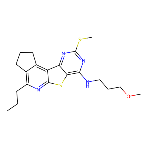 N-(3-methoxypropyl)-9-(methylsulfanyl)-4-propyl-2,3-dihydro-1H-cyclopenta[4',5']pyrido[3',2':4,5]thieno[3,2-d]pyrimidin-7-amine structure