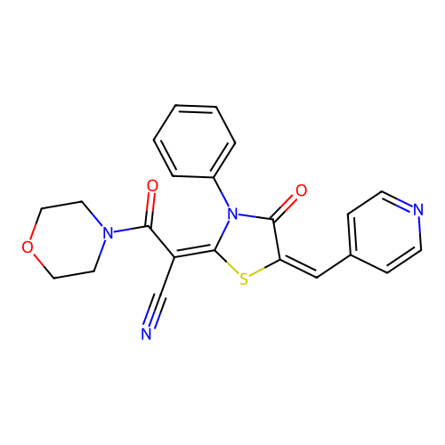 (E)-3-morpholino-3-oxo-2-((E)-4-oxo-3-phenyl-5-(pyridin-4-ylmethylene)thiazolidin-2-ylidene)propanenitrile structure