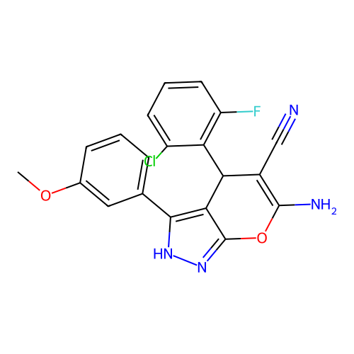 6-amino-4-(2-chloro-6-fluorophenyl)-3-(3-methoxyphenyl)-2,4-dihydropyrano[2,3-c]pyrazole-5-carbonitrile structure