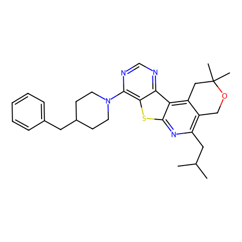 8-(4-benzylpiperidin-1-yl)-2,2-dimethyl-5-(2-methylpropyl)-1,4-dihydro-2H-pyrano[4'',3'':4',5']pyrido[3',2':4,5]thieno[3,2-d]pyrimidine structure