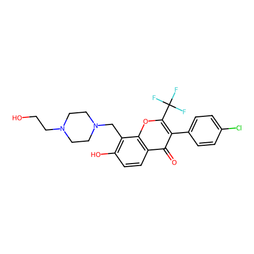 3-(4-chlorophenyl)-7-hydroxy-8-((4-(2-hydroxyethyl)piperazin-1-yl)methyl)-2-(trifluoromethyl)-4H-chromen-4-one structure
