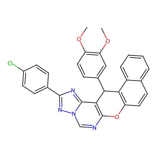 2-(4-chlorophenyl)-14-(3,4-dimethoxyphenyl)-14H-benzo[5,6]chromeno[3,2-e][1,2,4]triazolo[1,5-c]pyrimidine structure