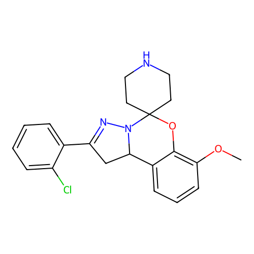 2'-(2-chlorophenyl)-7'-methoxy-1',10b'-dihydrospiro[piperidine-4,5'-pyrazolo[1,5-c][1,3]benzoxazine] structure