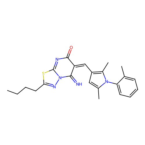 (6E)-2-butyl-6-[[2,5-dimethyl-1-(2-methylphenyl)pyrrol-3-yl]methylidene]-5-imino-[1,3,4]thiadiazolo[3,2-a]pyrimidin-7-one structure