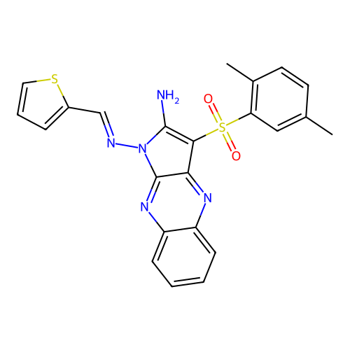 (E)-3-((2,5-dimethylphenyl)sulfonyl)-N1-(thiophen-2-ylmethylene)-1H-pyrrolo[2,3-b]quinoxaline-1,2-diamine structure