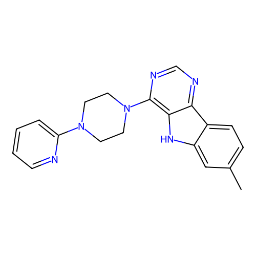 7-methyl-4-(4-(pyridin-2-yl)piperazin-1-yl)-5H-pyrimido[5,4-b]indole structure