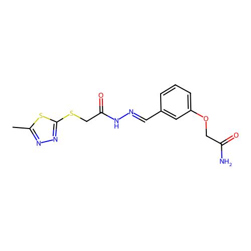 (E)-2-(3-((2-(2-((5-methyl-1,3,4-thiadiazol-2-yl)thio)acetyl)hydrazono)methyl)phenoxy)acetamide structure
