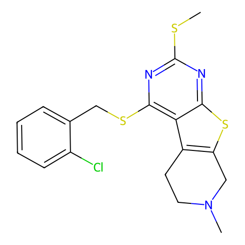 4-((2-chlorobenzyl)thio)-7-methyl-2-(methylthio)-5,6,7,8-tetrahydropyrido[4',3':4,5]thieno[2,3-d]pyrimidine structure