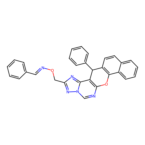 (E)-1-phenyl-N-[(14-phenyl-14H-benzo[7,8]chromeno[3,2-e][1,2,4]triazolo[1,5-c]pyrimidin-2-yl)methoxy]methanimine structure