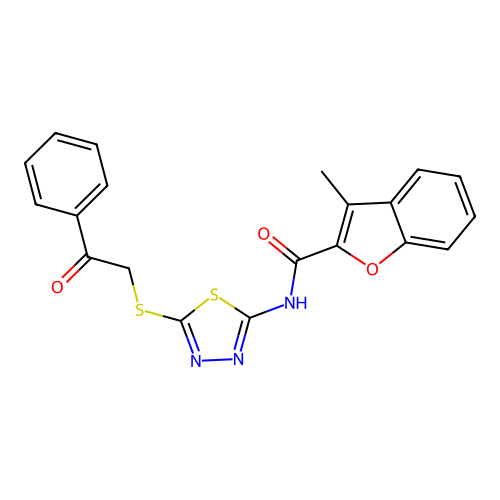 3-methyl-N-{5-[(2-oxo-2-phenylethyl)sulfanyl]-1,3,4-thiadiazol-2-yl}-1-benzofuran-2-carboxamide structure