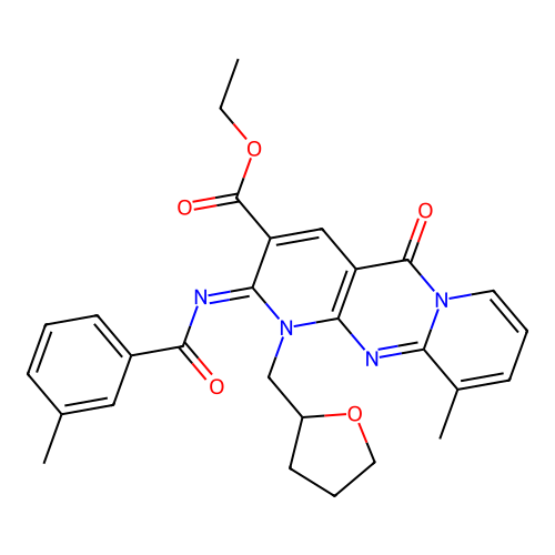 (Z)-ethyl 10-methyl-2-((3-methylbenzoyl)imino)-5-oxo-1-((tetrahydrofuran-2-yl)methyl)-2,5-dihydro-1H-dipyrido[1,2-a:2',3'-d]pyrimidine-3-carboxylate structure