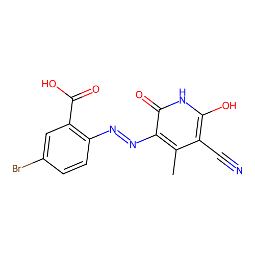 5-bromo-2-[(2Z)-2-(5-cyano-4-methyl-2,6-dioxopyridin-3-ylidene)hydrazinyl]benzoic acid structure