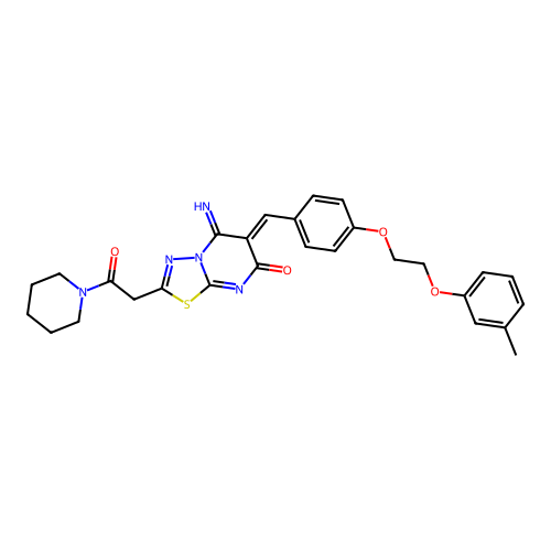 (6Z)-5-imino-6-[[4-[2-(3-methylphenoxy)ethoxy]phenyl]methylidene]-2-(2-oxo-2-piperidin-1-ylethyl)-[1,3,4]thiadiazolo[3,2-a]pyrimidin-7-one structure