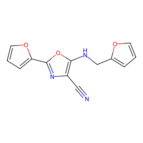 2-(2-Furanyl)-5-(2-furanylmethylamino)-4-oxazolecarbonitrile structure