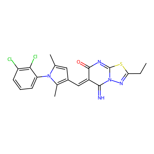 (6Z)-6-[[1-(2,3-dichlorophenyl)-2,5-dimethylpyrrol-3-yl]methylidene]-2-ethyl-5-imino-[1,3,4]thiadiazolo[3,2-a]pyrimidin-7-one structure
