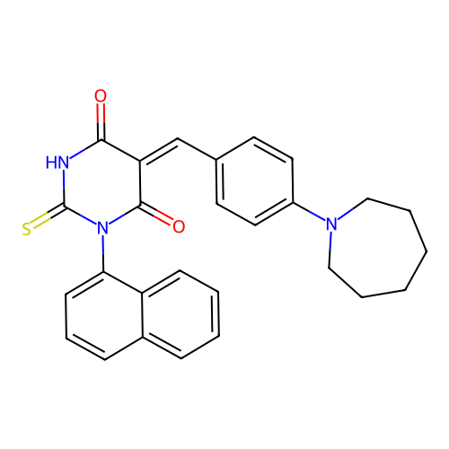 (5Z)-5-[[4-(azepan-1-yl)phenyl]methylidene]-1-naphthalen-1-yl-2-sulfanylidene-1,3-diazinane-4,6-dione structure