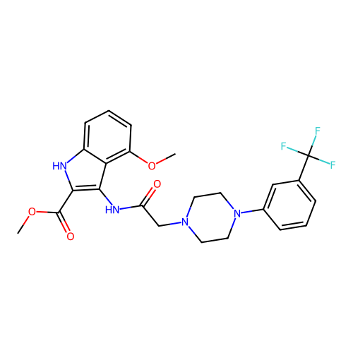 methyl 4-methoxy-3-(2-(4-(3-(trifluoromethyl)phenyl)piperazin-1-yl)acetamido)-1H-indole-2-carboxylate structure