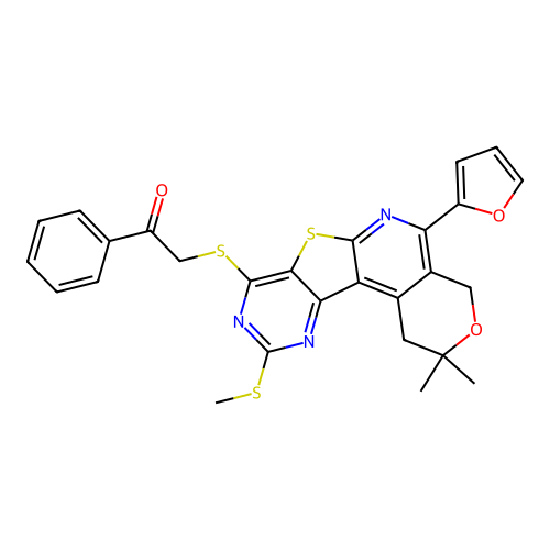 2-((5-(furan-2-yl)-2,2-dimethyl-10-(methylthio)-2,4-dihydro-1H-pyrano[4'',3'':4',5']pyrido[3',2':4,5]thieno[3,2-d]pyrimidin-8-yl)thio)-1-phenylethanone structure