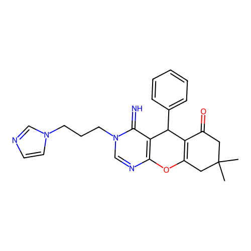 3-[3-(1H-imidazol-1-yl)propyl]-4-imino-8,8-dimethyl-5-phenyl-3,4,5,7,8,9-hexahydro-6H-chromeno[2,3-d]pyrimidin-6-one structure