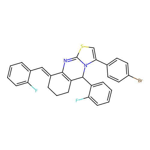 (9E)-3-(4-bromophenyl)-5-(2-fluorophenyl)-9-[(2-fluorophenyl)methylidene]-5,6,7,8-tetrahydro-[1,3]thiazolo[2,3-b]quinazoline structure