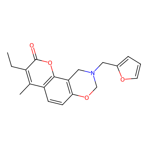 3-ethyl-9-(2-furylmethyl)-4-methyl-9,10-dihydro-2H,8H-chromeno[8,7-e][1,3]oxazin-2-one structure
