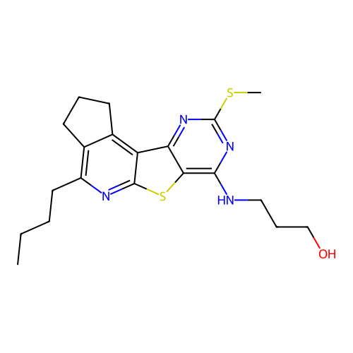 3-((4-butyl-9-(methylthio)-2,3-dihydro-1H-cyclopenta[4',5']pyrido[3',2':4,5]thieno[3,2-d]pyrimidin-7-yl)amino)propan-1-ol structure