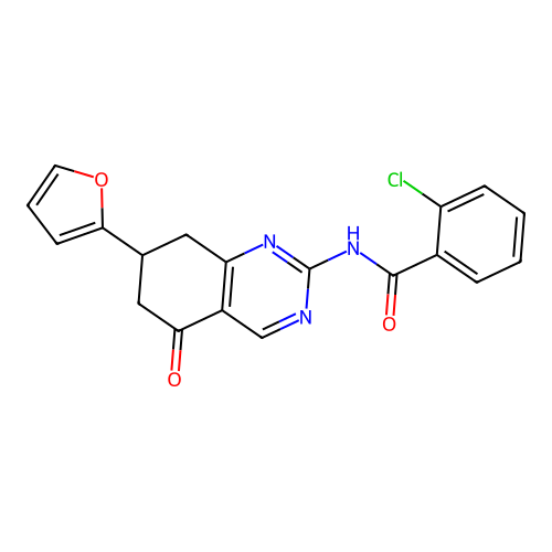 2-chloro-N-[7-(furan-2-yl)-5-oxo-5,6,7,8-tetrahydroquinazolin-2-yl]benzamide structure
