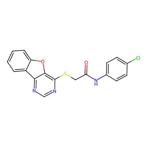 2-(benzofuro[3,2-d]pyrimidin-4-ylthio)-N-(4-chlorophenyl)acetamide structure