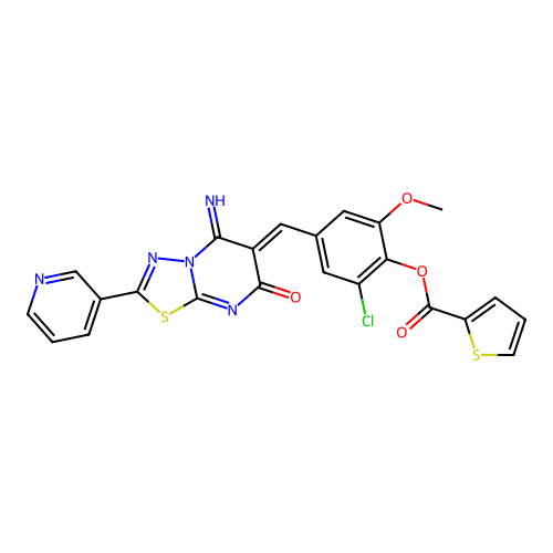 (Z)-2-chloro-4-((5-imino-7-oxo-2-(pyridin-3-yl)-5H-[1,3,4]thiadiazolo[3,2-a]pyrimidin-6(7H)-ylidene)methyl)-6-methoxyphenyl thiophene-2-carboxylate structure