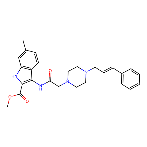 (E)-methyl 3-(2-(4-cinnamylpiperazin-1-yl)acetamido)-6-methyl-1H-indole-2-carboxylate structure