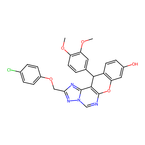 2-[(4-chlorophenoxy)methyl]-12-(3,4-dimethoxyphenyl)-12H-chromeno[3,2-e][1,2,4]triazolo[1,5-c]pyrimidin-9-ol structure