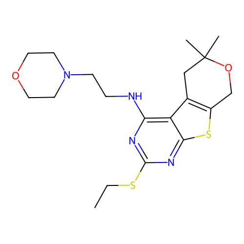 2-(ethylsulfanyl)-6,6-dimethyl-N-[2-(morpholin-4-yl)ethyl]-5,8-dihydro-6H-pyrano[4',3':4,5]thieno[2,3-d]pyrimidin-4-amine structure