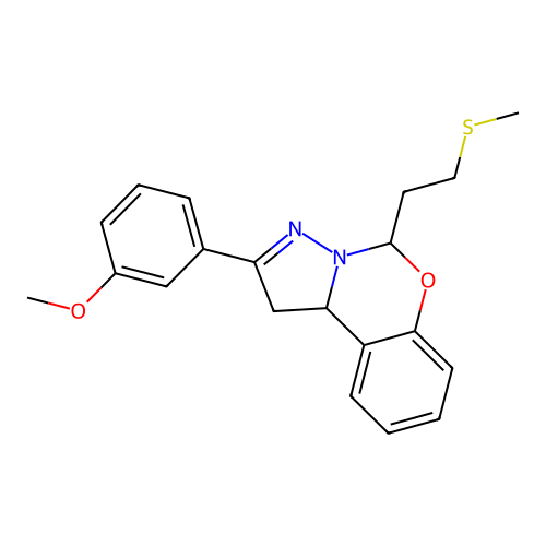 2-(3-methoxyphenyl)-5-(2-(methylthio)ethyl)-5,10b-dihydro-1H-benzo[e]pyrazolo[1,5-c][1,3]oxazine structure