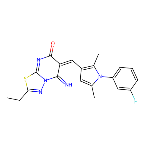 (6E)-2-ethyl-6-[[1-(3-fluorophenyl)-2,5-dimethylpyrrol-3-yl]methylidene]-5-imino-[1,3,4]thiadiazolo[3,2-a]pyrimidin-7-one structure
