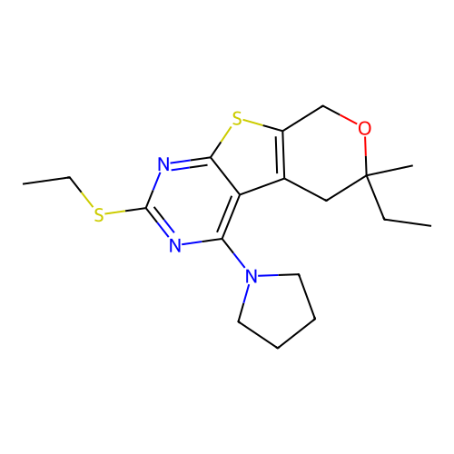 6-ethyl-2-(ethylsulfanyl)-6-methyl-4-(pyrrolidin-1-yl)-5,8-dihydro-6H-pyrano[4',3':4,5]thieno[2,3-d]pyrimidine structure