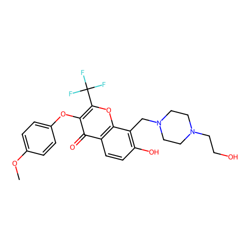 7-hydroxy-8-((4-(2-hydroxyethyl)piperazin-1-yl)methyl)-3-(4-methoxyphenoxy)-2-(trifluoromethyl)-4H-chromen-4-one structure