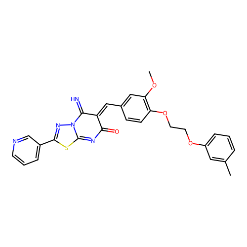 (6Z)-5-imino-6-[[3-methoxy-4-[2-(3-methylphenoxy)ethoxy]phenyl]methylidene]-2-pyridin-3-yl-[1,3,4]thiadiazolo[3,2-a]pyrimidin-7-one structure