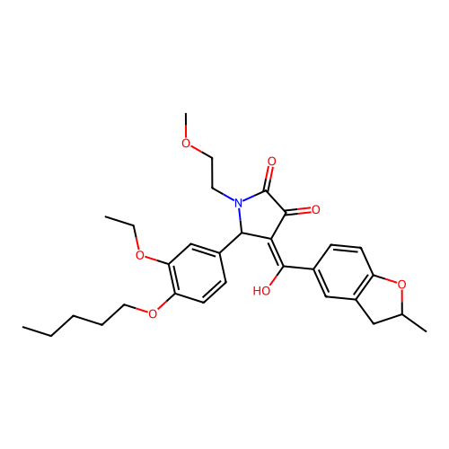 (4E)-5-(3-ethoxy-4-pentoxyphenyl)-4-[hydroxy-(2-methyl-2,3-dihydro-1-benzofuran-5-yl)methylidene]-1-(2-methoxyethyl)pyrrolidine-2,3-dione structure