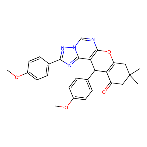 2,12-bis(4-methoxyphenyl)-9,9-dimethyl-8,9,10,12-tetrahydro-11H-chromeno[3,2-e][1,2,4]triazolo[1,5-c]pyrimidin-11-one structure