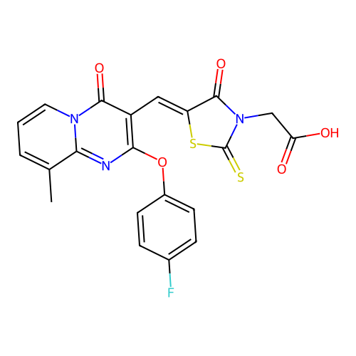 [(5Z)-5-{[2-(4-fluorophenoxy)-9-methyl-4-oxo-4H-pyrido[1,2-a]pyrimidin-3-yl]methylidene}-4-oxo-2-thioxo-1,3-thiazolidin-3-yl]acetic acid structure