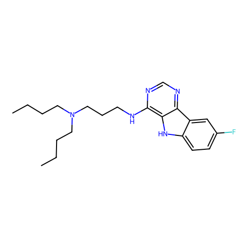 N,N-dibutyl-N'-(8-fluoro-5H-pyrimido[5,4-b]indol-4-yl)propane-1,3-diamine structure