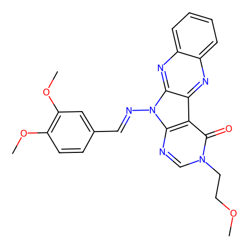 11-{[(E)-(3,4-dimethoxyphenyl)methylidene]amino}-3-(2-methoxyethyl)-3,11-dihydro-4H-pyrimido[5',4':4,5]pyrrolo[2,3-b]quinoxalin-4-one structure