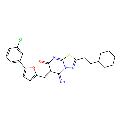 (6Z)-6-[[5-(3-chlorophenyl)furan-2-yl]methylidene]-2-(2-cyclohexylethyl)-5-imino-[1,3,4]thiadiazolo[3,2-a]pyrimidin-7-one structure