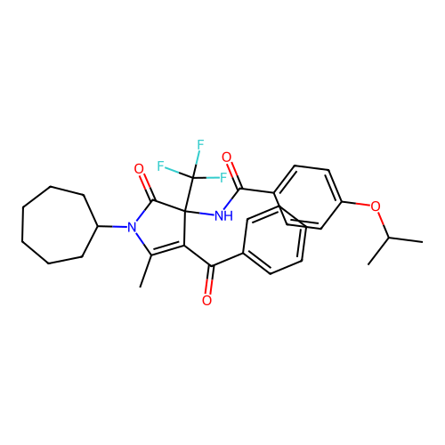 N-(4-benzoyl-1-cycloheptyl-5-methyl-2-oxo-3-(trifluoromethyl)-2,3-dihydro-1H-pyrrol-3-yl)-4-isopropoxybenzamide structure