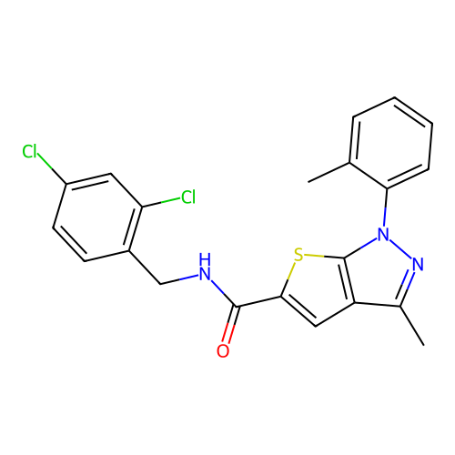N-(2,4-dichlorobenzyl)-3-methyl-1-(2-methylphenyl)-1H-thieno[2,3-c]pyrazole-5-carboxamide structure