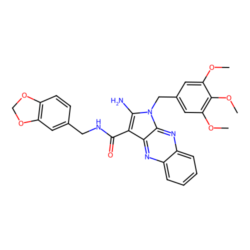2-amino-N-(1,3-benzodioxol-5-ylmethyl)-1-(3,4,5-trimethoxybenzyl)-1H-pyrrolo[2,3-b]quinoxaline-3-carboxamide structure