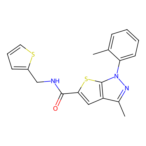 3-methyl-1-(2-methylphenyl)-N-(thiophen-2-ylmethyl)thieno[2,3-c]pyrazole-5-carboxamide structure