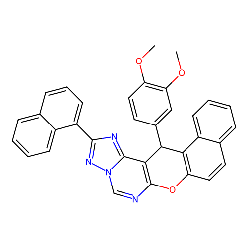 14-(3,4-dimethoxyphenyl)-2-(naphthalen-1-yl)-14H-benzo[5,6]chromeno[3,2-e][1,2,4]triazolo[1,5-c]pyrimidine structure